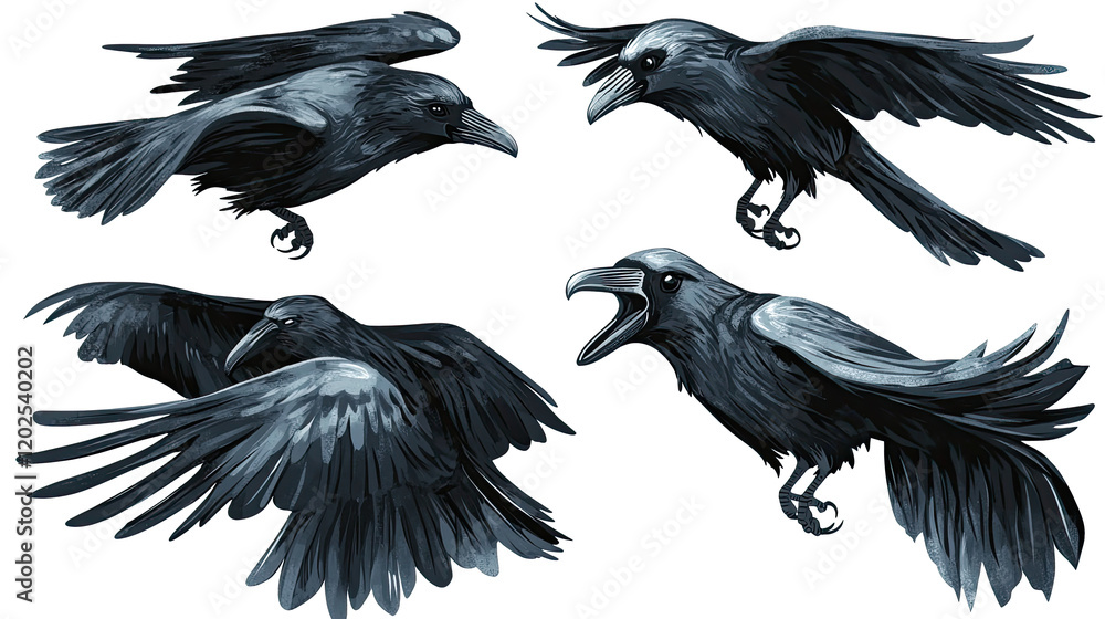Poster flying black crows set against transparent background generative ai