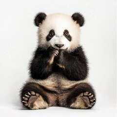 Fototapeta premium Thoughtful juvenile panda on white background