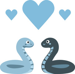 Fototapeta premium Two cartoon snakes in blue and black with hearts above. Flat vector illustration on a white background.