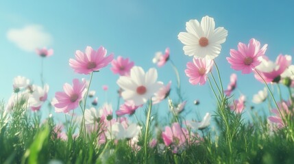 Obraz premium Vibrant cosmos flowers under clear blue sky