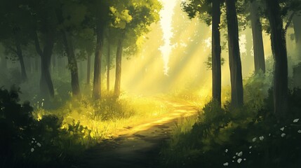 Obraz premium Sunlight Through the Forest Path, Painting a Golden Glow on a Serene Trail