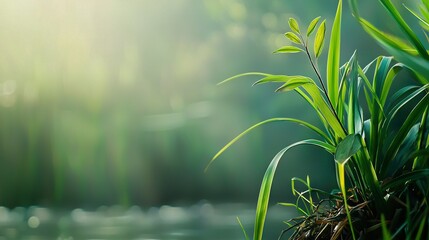   A close-up shot of a plant by water, with sunlight filtering through its leaves and the water visible behind it