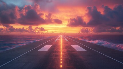 Runway extending to vibrant sunset over ocean.