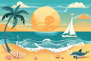 Obraz premium Tropical beach scenery showcasing a golden sunset, palm trees, and boats on the serene water.