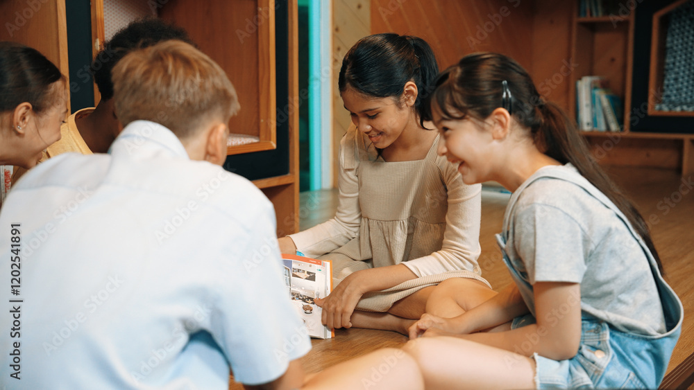 Poster group of diverse children sitting in circle while reading a book at library. highschool girl sharing