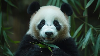 Obraz premium Cute panda eating bamboo in lush forest (1)