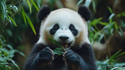 Obraz premium Cute panda eating bamboo in lush forest