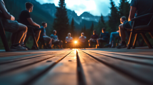 A blurred photo of a circle of people sitting on a wooden deck by a mountain lodge, symbolizing open dialogue and collective support in a natural retreat setting