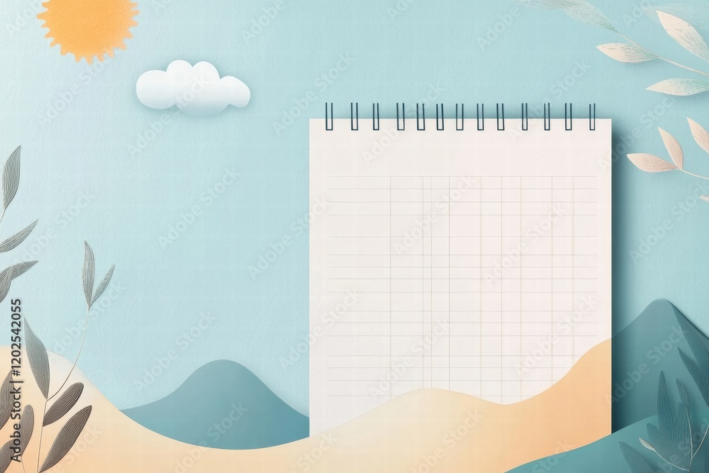Aufkleber nature inspired planner layout featuring abstract sun, clouds, mountains, and space for notes and ta