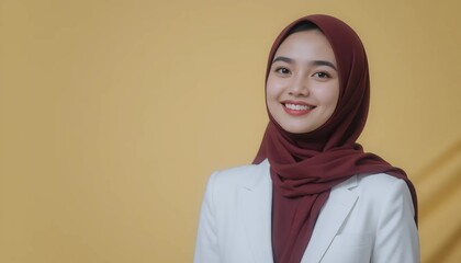 Fototapeta premium Portrait of Young Woman in Professional Clothes Wearing Hijab with Warm Smile on Light Blue Background
