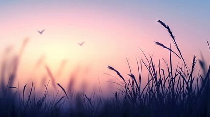 Obraz premium A field of tall grass with a bird soaring above it and the sun sinking behind distant mountains in the backdrop