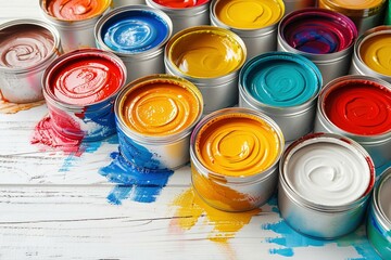 Artistic arrangement of open paint cans with vibrant colors spilling onto a textured surface.