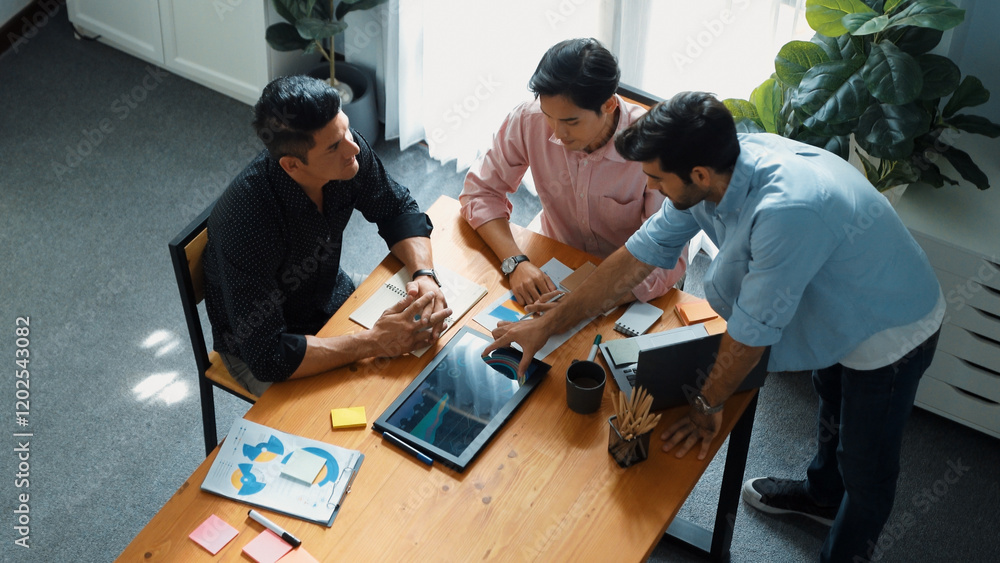 Poster group of diverse people sharing idea while writing at sticky notes. professional smart business team