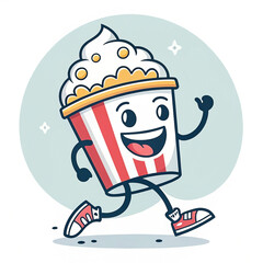 Happy popcorn bucket running, movie snack, cheerful background, kids menu