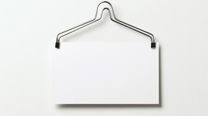 Naklejka premium Blank white paper hanging on a metallic clothes hanger against a white background.