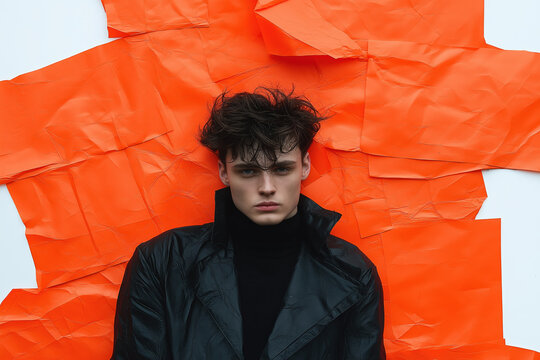 Fashion portrait of a young man in a black coat against an orange background - Powered by Adobe