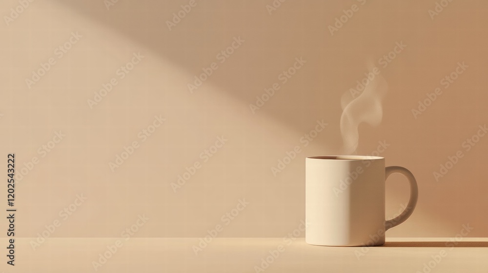 Poster warm coffee mug on a minimalist table with steam rising in soft morning light. generative ai