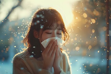 Young Asian woman sneezing into tissue during winter sunset with bokeh snow effect, depicting seasonal allergies or cold symptoms. Perfect for health awareness campaigns.