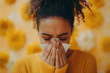Young African American woman in yellow sweater blowing nose in tissue against blurred yellow background, depicting seasonal allergies and cold symptoms for health awareness campaigns.