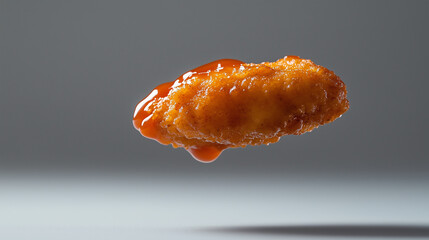 A chicken nugget dipped in barbecue sauce, frozen mid-air against a simple, plain background for a dynamic effect