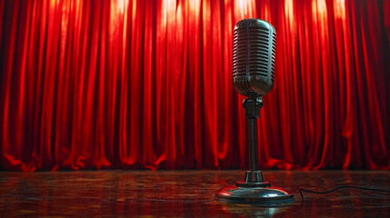 A microphone with a stand on an empty stage illuminated by a spotlight against a dark curtain backdrop, symbolizing anticipation for a karaoke, comedy, or talent competition, with a modern blurred cap