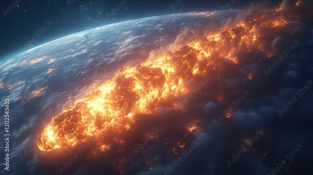 Poster a massive meteorite with burning flames falls from the sky, creating an apocalyptic scene on earth's