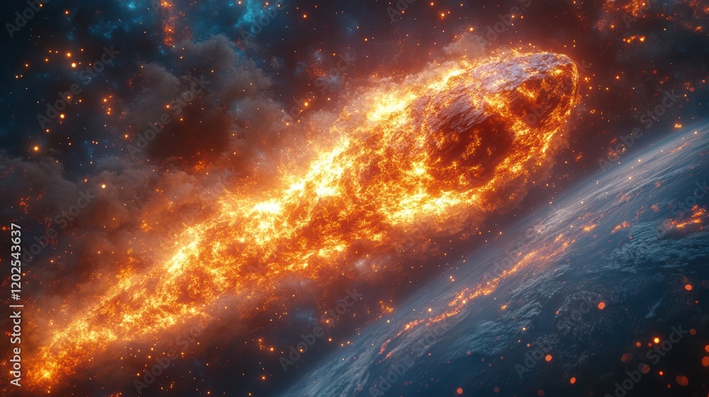 Poster a massive meteorite with burning flames falls from the sky, creating an apocalyptic scene on earth's
