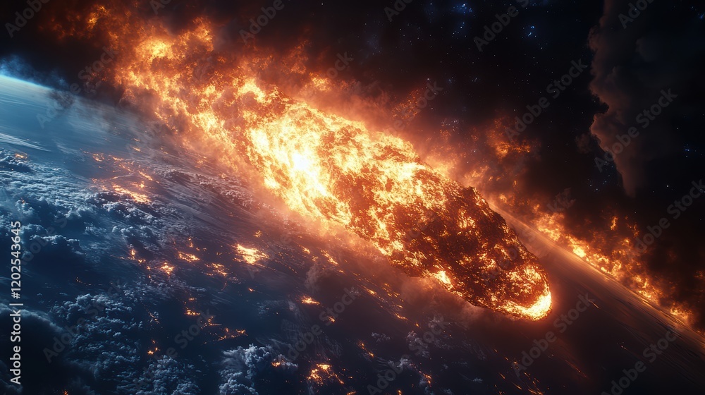 Poster a massive meteorite with burning flames falls from the sky, creating an apocalyptic scene on earth's