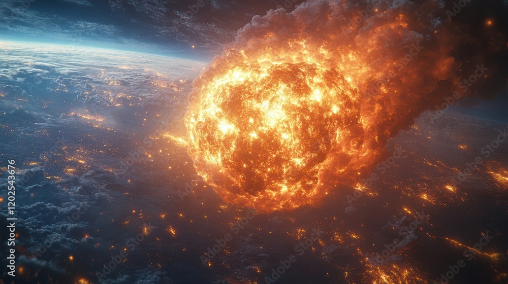 Poster a massive meteorite with burning flames falls from the sky, creating an apocalyptic scene on earth's