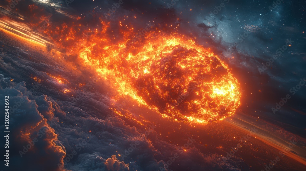 Poster a massive meteorite with burning flames falls from the sky, creating an apocalyptic scene on earth's