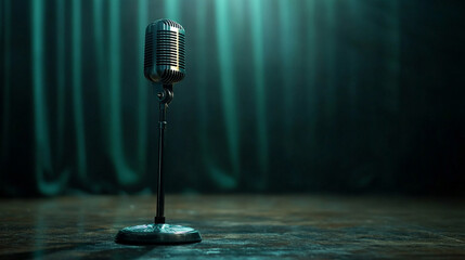 A microphone with a stand on an empty stage illuminated by a spotlight against a dark curtain backdrop, symbolizing anticipation for a karaoke, comedy, or talent competition, with a modern blurred cap