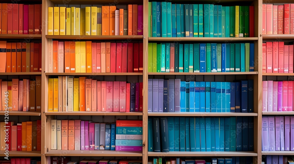 Poster colorful library bookshelves with books arranged by color creating rainbow spectrum effect, perfect 
