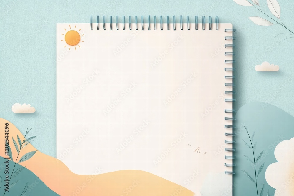Poster simple planner layout featuring abstract nature inspired elements with a sun, clouds, and mountains 