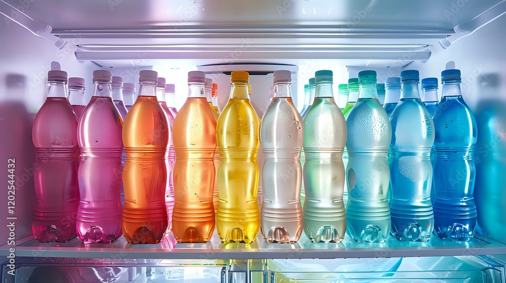 Poster colorful array of soft drinks in plastic bottles arranged in rainbow gradient order from pink to blu