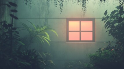 Glowing window in overgrown, misty jungle setting.