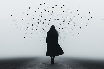Woman in Black Coat Surrounded by Butterflies in Foggy Landscape