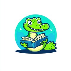 Cartoon alligator reading a book, teal background. Stock illustration for kids
