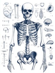 Detailed anatomical illustration of a human skeleton and various bones with labeled parts for educational purposes. Generative AI