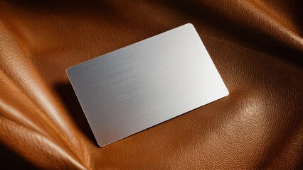 Premium blank metal card mockup with brushed surface on leather.