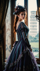 Historical Reconstruction: Aristocratic Girl in Victorian Dress with a View of Pisa