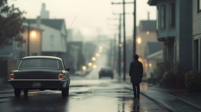 Man in coat standing on rain-slicked street, classic car parked behind.