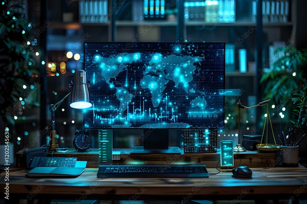 Poster modern workspace with glowing blue world map on computer screen, financial charts and digital data v