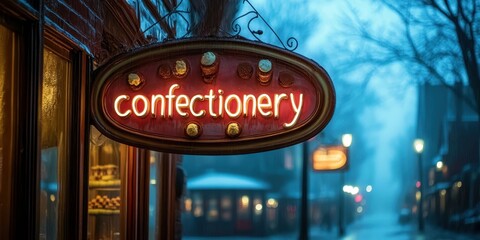 Vintage-inspired image of an illuminated confectionery shop sign on a foggy street at night with a nostalgic and charming ambiance