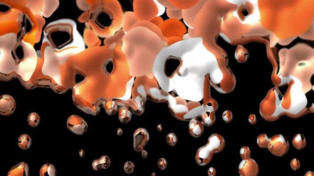 Liquid drops in chocolate colors fall down and combine against a black background.