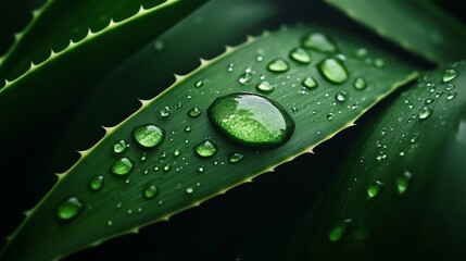 Dew drops on succulent leaf, close-up, nature, background blur, botanical photography