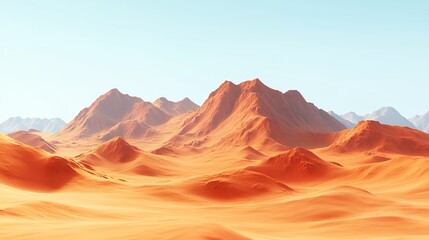 Naklejka premium Breathtaking Desert Landscape Featuring Orange Sand Dunes and Rugged Mountains Under a Clear Blue Sky
