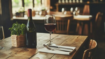 Red wine bottle and glass on rustic wooden table in restaurant.