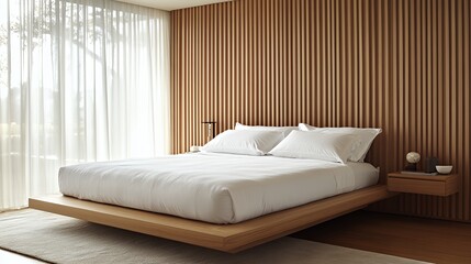 Modern Bedroom Interior Design Showcasing Minimalism and Natural Materials in a Bright Space With Wooden Accents and Soft Bedding