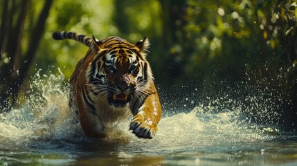 Tiger sprinting through jungle stream, splashing water, wildlife action shot