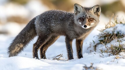 Naklejka premium Fox in snow with a bush